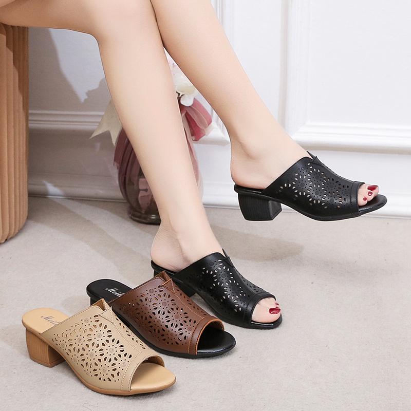 Retro Thick Middle-heeled Fish Mouth Sandals Female 2025 Summer Fashion Hollow Sandals Outer Wear Slippers Open Toe Mules