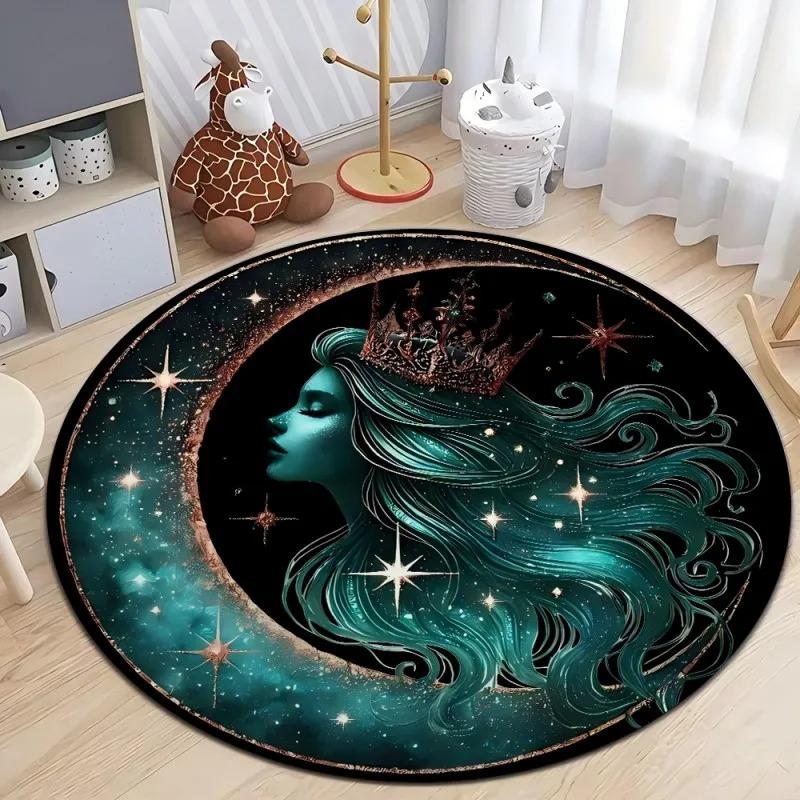 Celestial Moon Star Pattern Round Door Mat for Kids Room Decor Mystical Design Floor Mat Adding Dreamy Space Charm