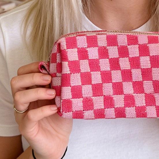 Checkered Makeup Bag for Women Knitted Travel Cosmetic Pouch Portable Plaid Toiletry Organizer with Zipper for