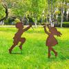 Children Silhouettes Chasing Metal Vintage Garden Silhouette Sculpture Yard Garden Metal Stake Decor