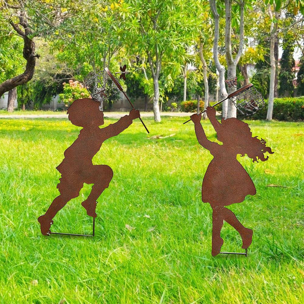 Children Silhouettes Chasing Metal Vintage Garden Silhouette Sculpture Yard Garden Metal Stake Decor