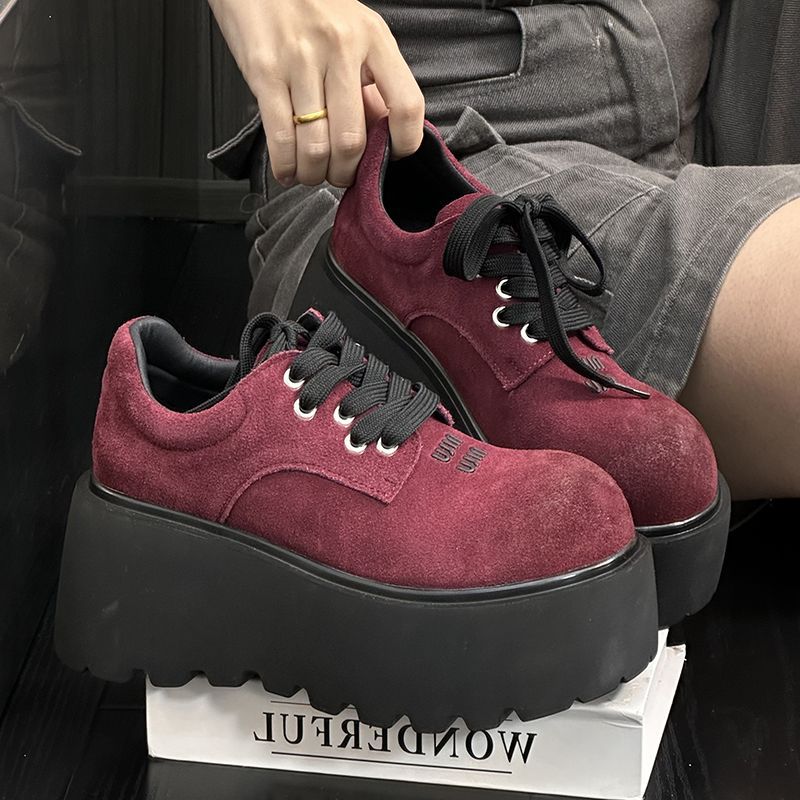 Fashion Frosted Cowhide Muffin Thick-soled Small Leather Shoes Women's Retro Polished Round Head Lace-up Small Height-enhancing Loafers