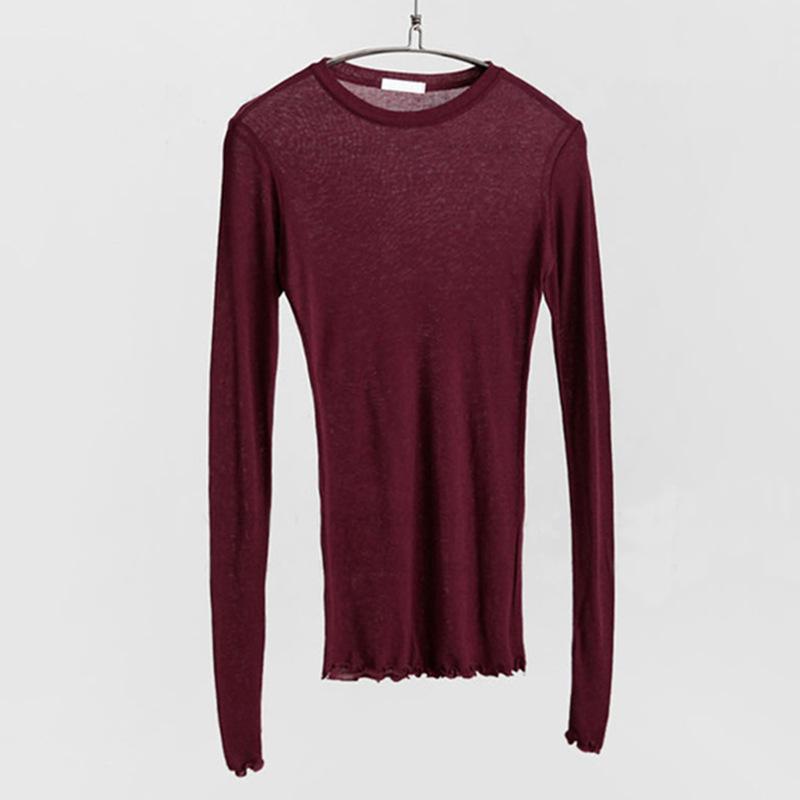 Plain T Shirt Women Elastic Basic T-shirts Female Casual Tops Long Sleeve Thin T-shirt See Through