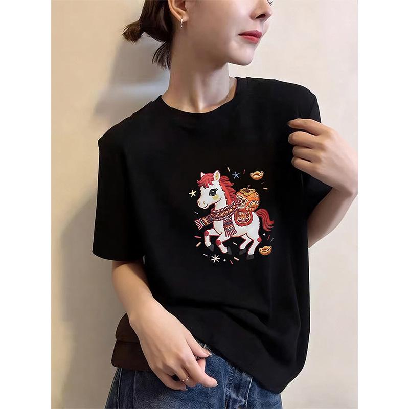 

Women s Thick Cotton Zodiac-Printed New Year T-shirt: Regular Fit, Short Sleeve, Age-Reducing Style for 2026. XL