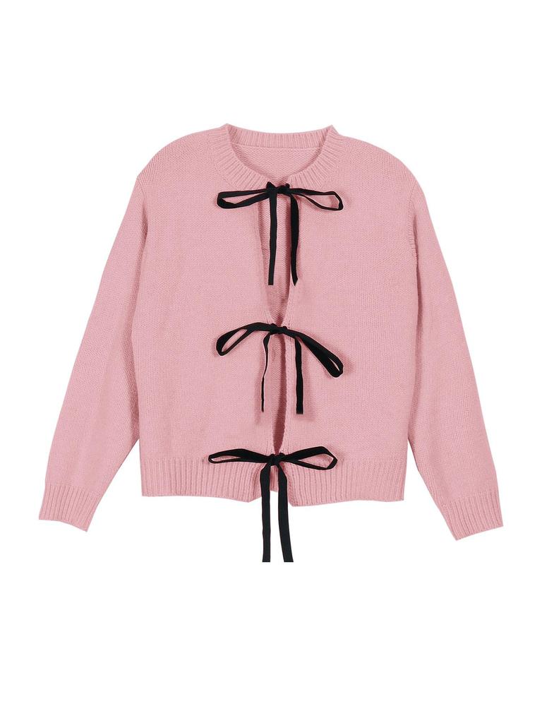 Autumn/Winter 2025 Women's Contrast Bow Tie Long Sleeve Knit Sweater