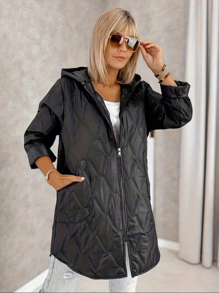 Women's Longline Herringbone Cotton Coat with Hood for Fall Winter Casual Wear