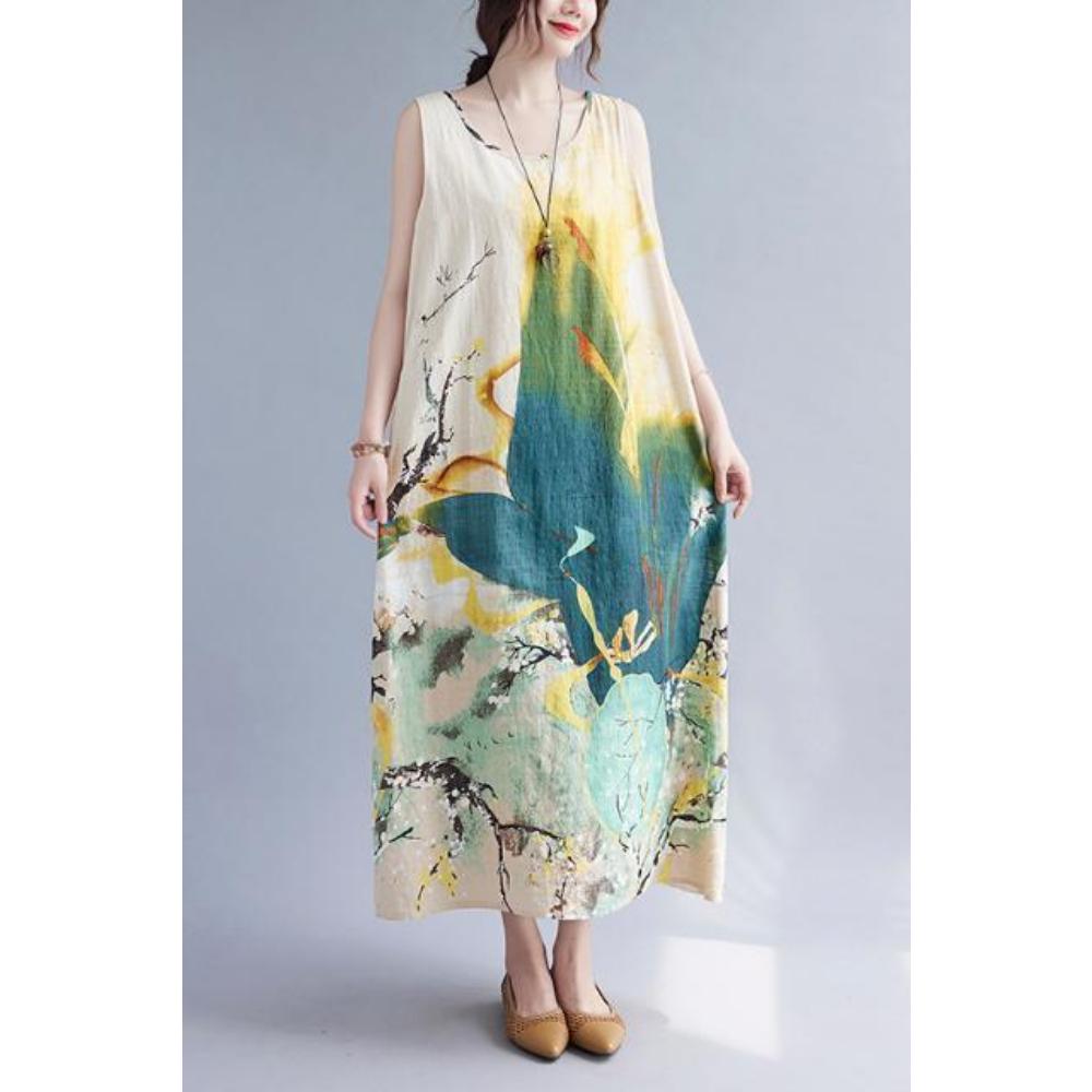 

Ретро Женское Летнее Новое Свободное Рами Литературный Принт Миди Без Рукавов Платье-Жилет One Size бежевый