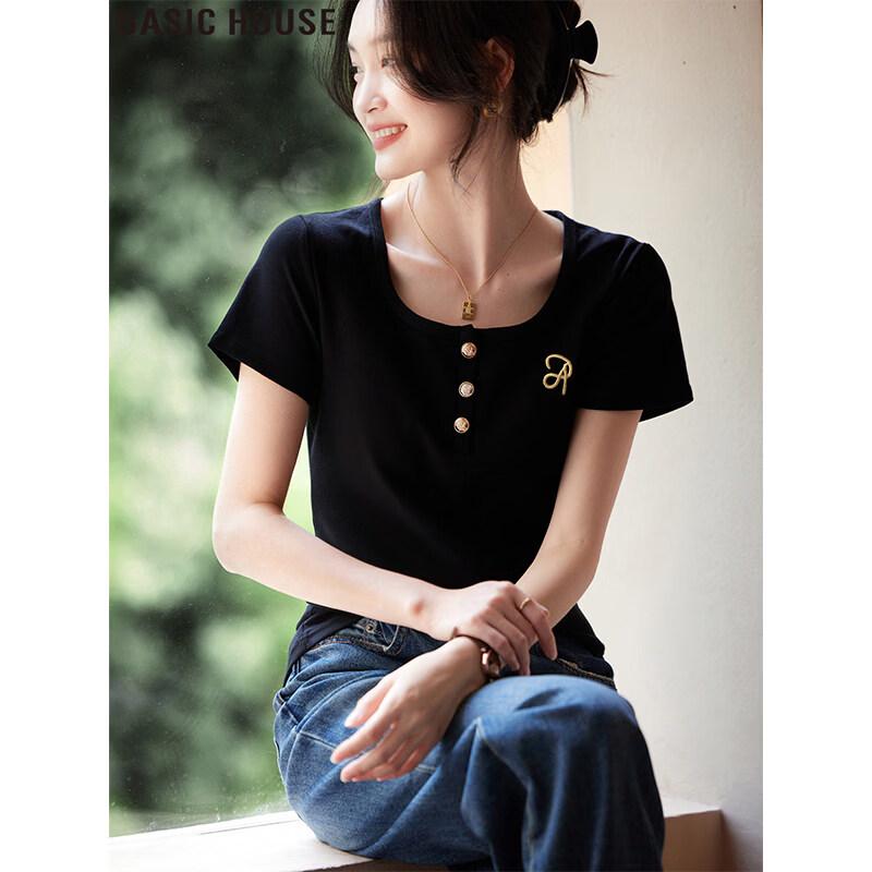 

Basic House Women s Square Neck Embroidered Short Sleeve T-Shirt L