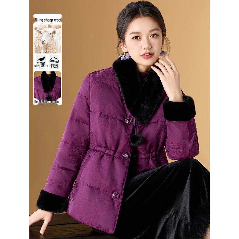 New Chinese Style Lamb Wool Filled Puffy Jacket with Detachable Fur Collar 2XL