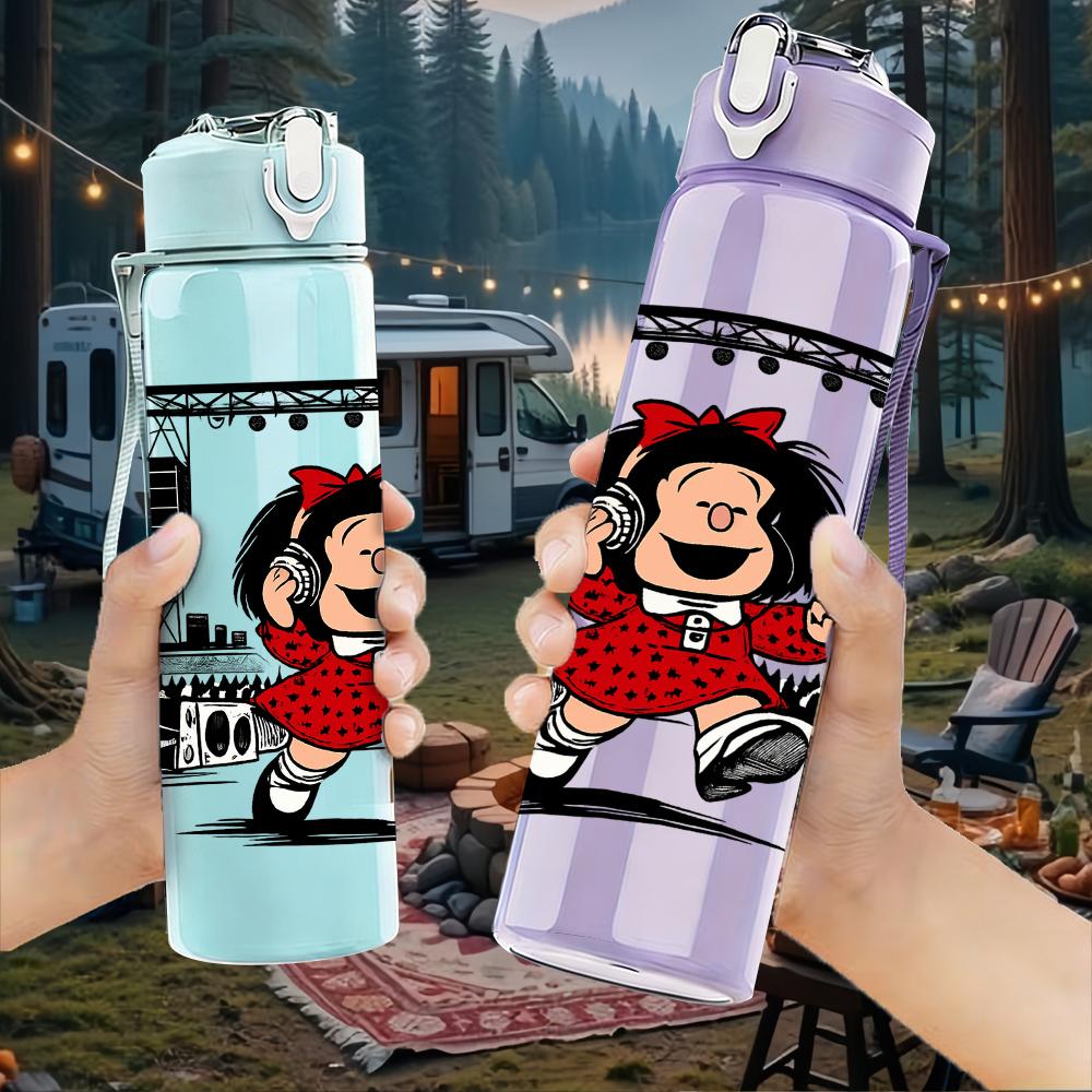 1PC Dancing Girl Cartoon Print 750ml Color Plastic Sports Water Bottle Leakproof Flip Straw Lid For Sports Office Home Use