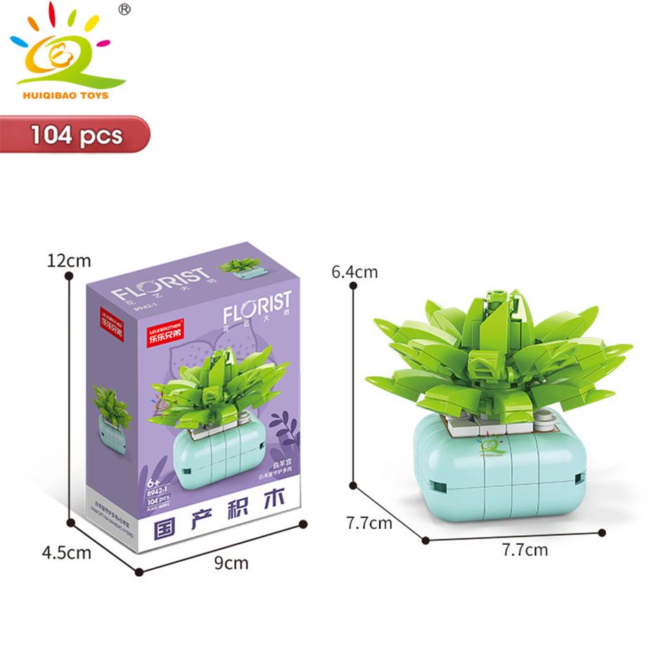HUIQIBAO MOC Flower Succulent Potted Model Building Block DIY Eternal Bouquet Home Desk Plant Decor Brick Girl Gift Children Toy