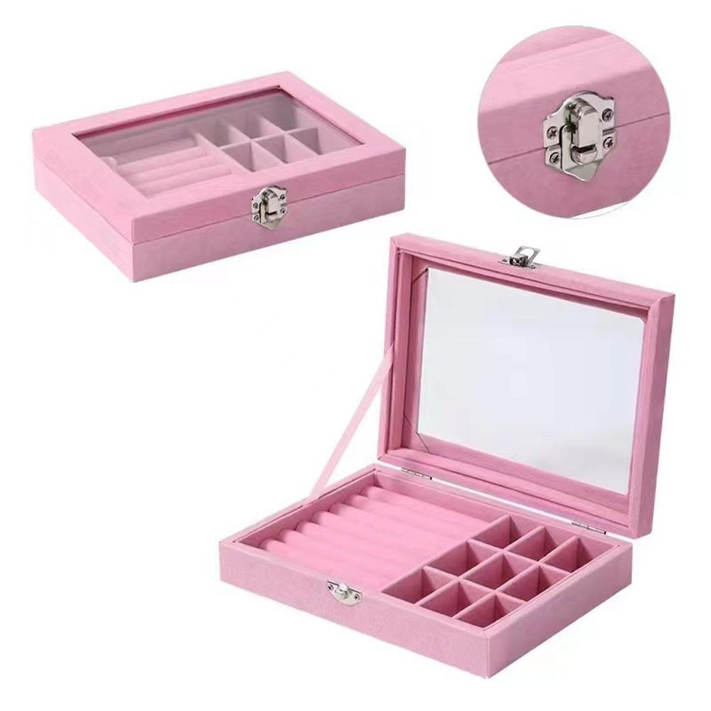 Portable Pink Carrying Case with Glass Cover Jewelry Ring Display Box Tray Holder Storage Box Organizer Earrings Ring Bracelet