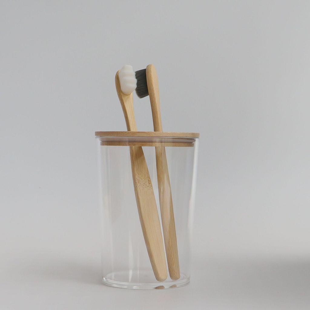 4-Piece Bathroom Set: Transparent Press-Down Soap Bottle, Toothbrush Holder, Bamboo Lid Cotton Swab Box, and Acrylic Cotton Ball Jar