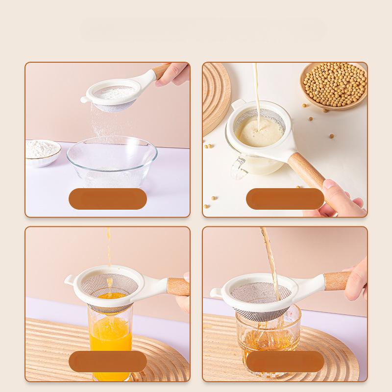 Stainless Steel Flour Sieve Sugar Powder Juice Soybean Milk Foam Filter Fine Screen Wooden Handle Household Kitchen Baking Tools