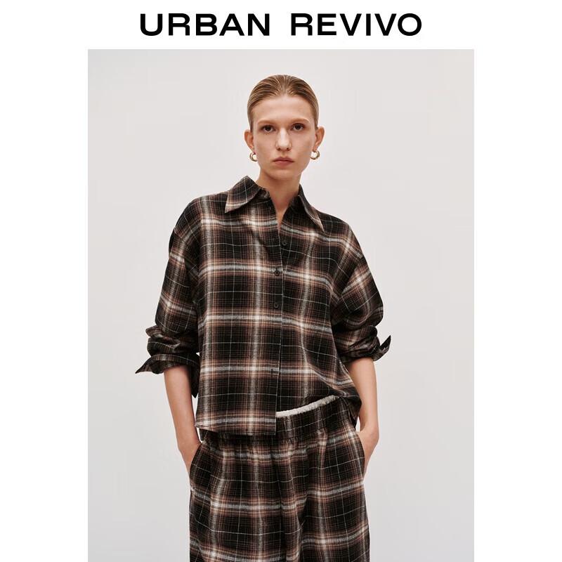 UR2025 Women s Color Block Plaid Cotton Lapel Shirt S