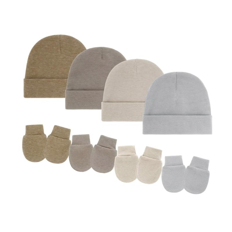 4 Set Baby Bonnet Cap Feature Foldable Edge with Mittens Cotton Fabric Gentle On Sensitive Skin Multiple Color Available