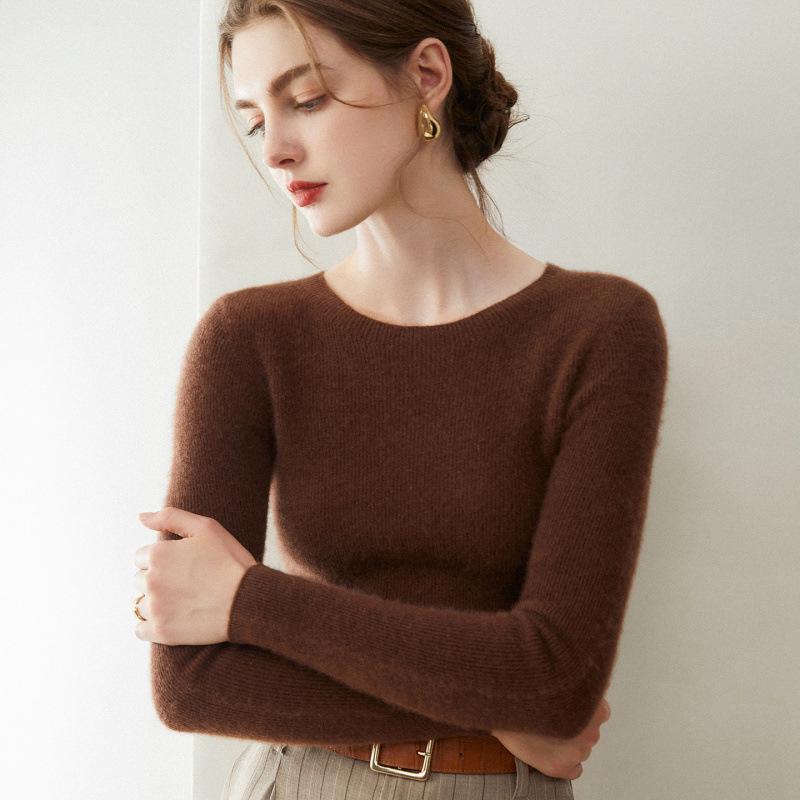 Women's Slim-Fit Round Neck 100% Cashmere Sweater - Stylish Autumn/Winter 2025 Knitwear