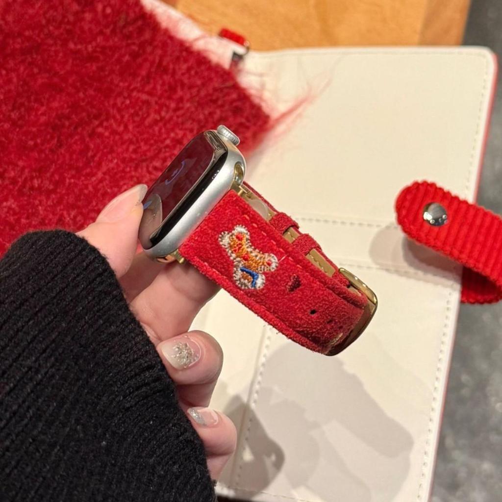 New Year Small Horse Embroidery Velvet Leather Strap for Apple Watch Series 11 10/9/8 Ultra SE