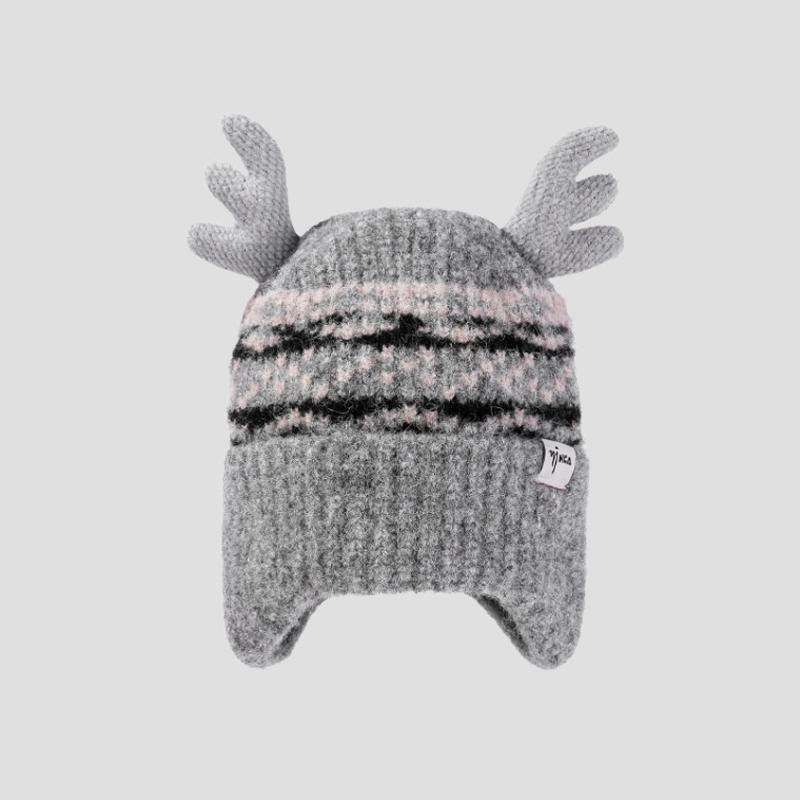 Christmas Antler Knitted Hat Women's Autumn Winter Warm Wool Hat Velvet Ear Protection Cap