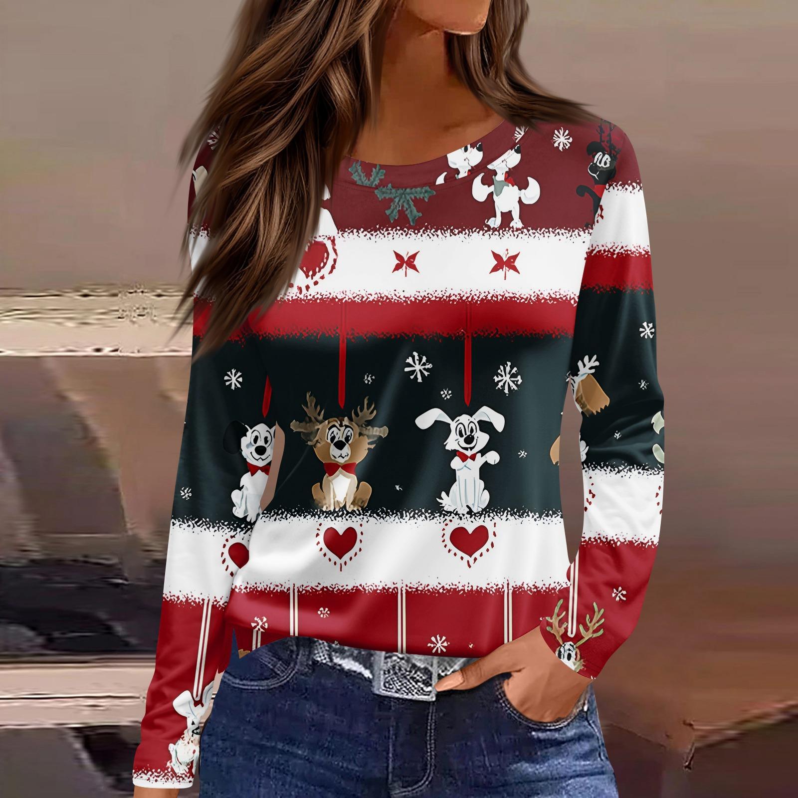 

Женская модная повседневная футболка с разрезом по низу, круглым вырезом, длинными рукавами, свободного кроя, с рождественским принтом, женский топ XXL красный