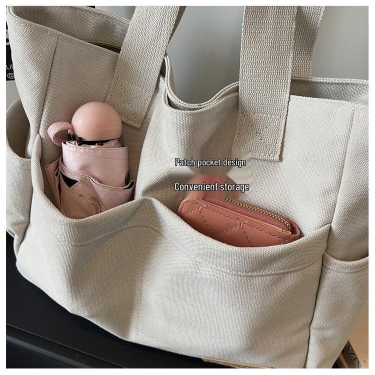 Retro Multi-Pocket Canvas Tote - Large Capacity Korean Style Shoulder Bag for Women