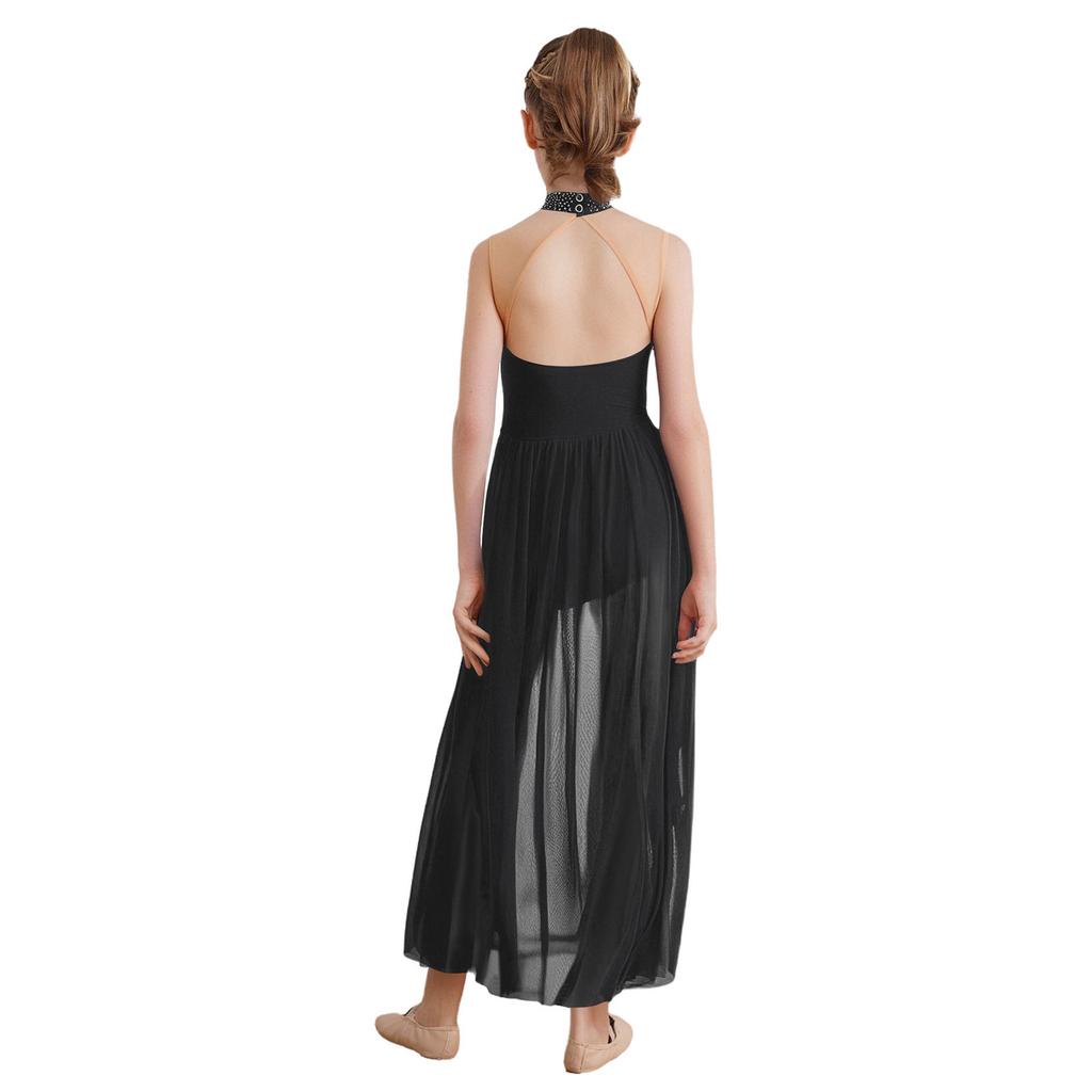 Girls Lyrical Performance Dress Sleeveless Sparkling Sequins Top And Color Block Side Split Skirt
