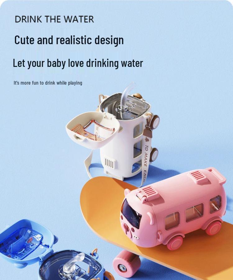 Children's Cartoon Bus Straw Cup for Kindergarten & School