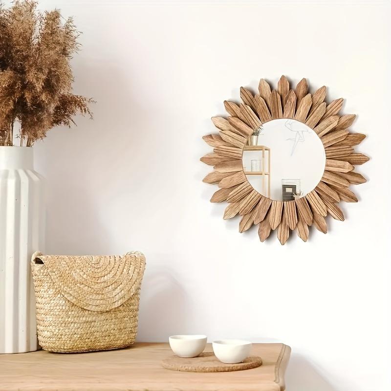 Wooden Wall-mounted Mirror Sunflower Make-up Mirror Creative Round Mirror Bohemian Style Bedroom Decorative Mirror