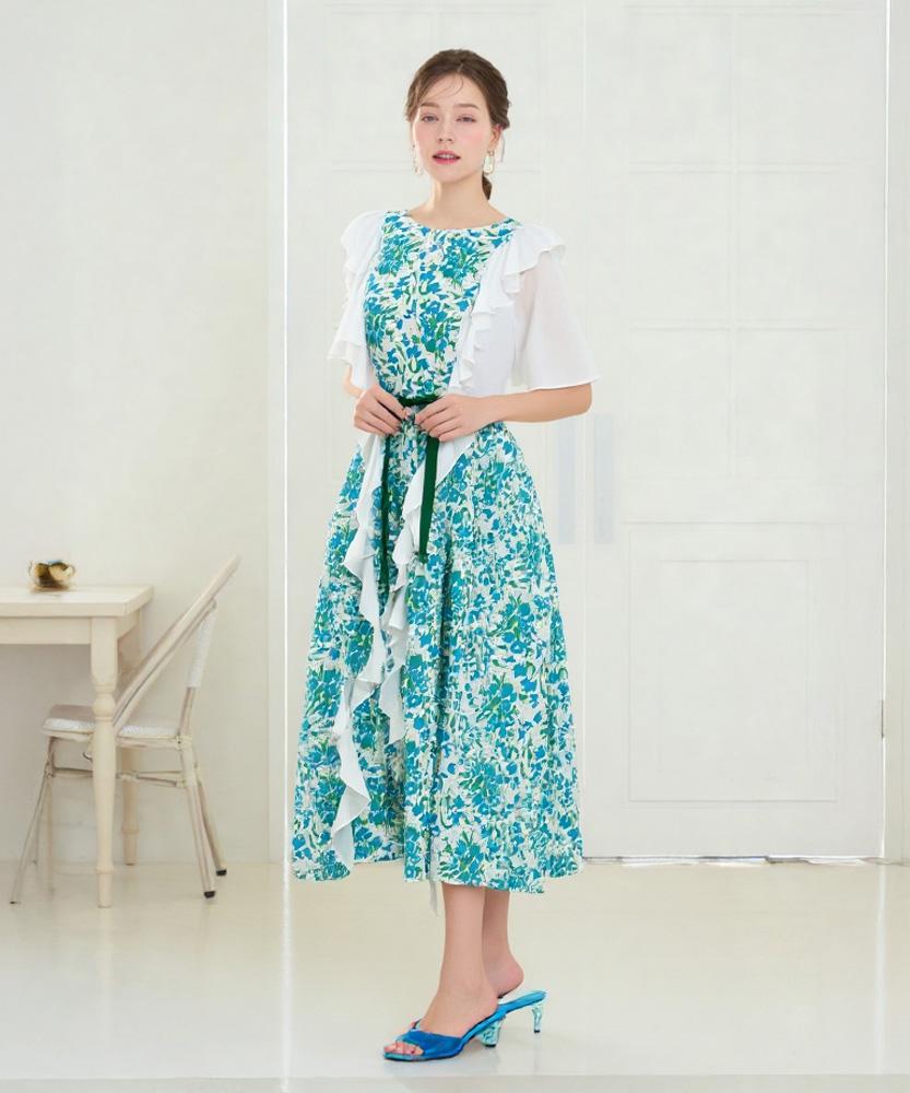 LBYL White Ruffle Sleeve Green-Blue Floral Long Dress