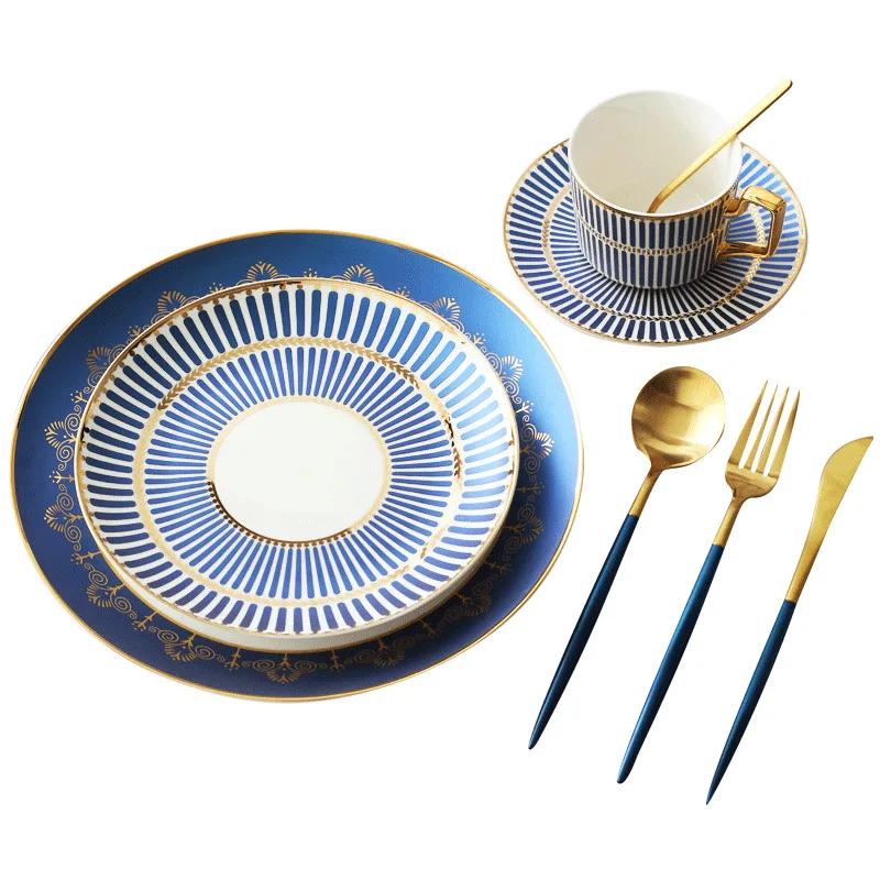 Nordic Exquisite Gold Plated Striped Ceramic Plate Villa Restaurant Western Tableware Dessert Salad Steak Plate Kitchen Utensils