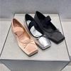 Sheepskin Retro Square Head Flat Shoes Ballet Single Shoes Women's Word with Bow Light Mouth Mary Jane Shoes