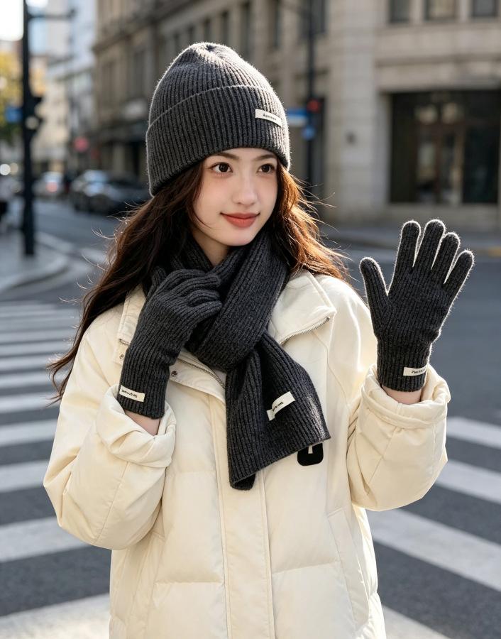 3Pcs Set Winter Hat Scarf Touchscreen Gloves Unisex Knitted Warm Beanie Neck Warmer Gloves Set For Autumn Winter Outdoor Daily Wear
