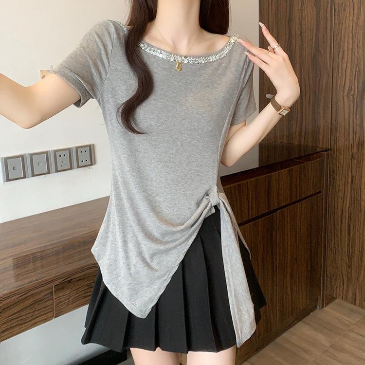 2026 Summer Plus Size Women's Chic Sequined Lace-up Round Neck Short Sleeve T-shirt