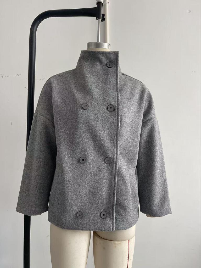 2025 Solid Color Double-Breasted Stand-Up Collar Short Coat - Long-Sleeved, Autumn/Winter