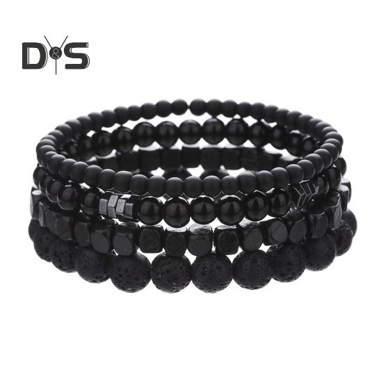 

4 шт. Мужские браслеты из натурального камня, черные, гладкие, эластичные, многослойные, регулируемые, для взрослых, наручные украшения, мужские наручные аксессуары чёрный