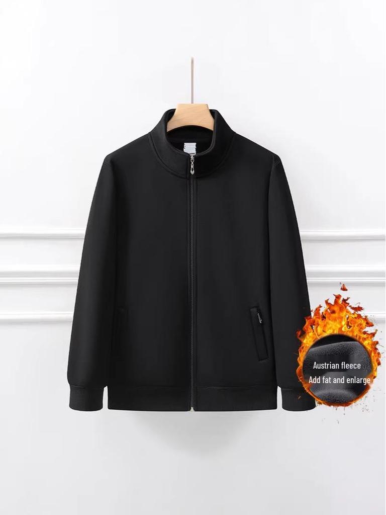 Men's Plus Size Fleece-Lined Stand Collar Cardigan Jacket - Thick, Loose, Casual, Versatile Winter Sweatshirt