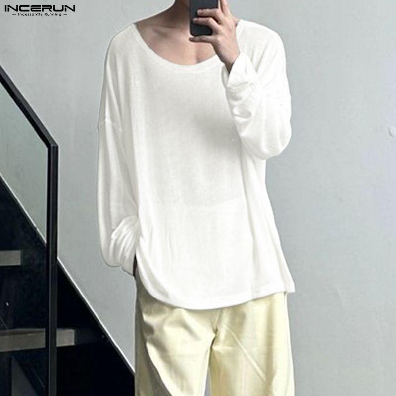 INCERUN Herren U-Boot-Ausschnitt Langarm Leicht Casual Oversized Halbtransparent Oberteile T-Shirts