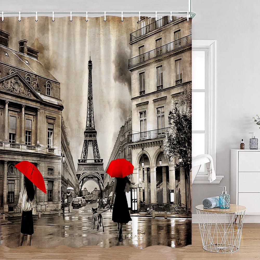 

Модные шторки для душа с Эйфелевой башней, вид на европейский город, эстетичная занавеска для ванной, полиэстеровая ткань, украшения для ванной для дома 150x180cm-60x70in