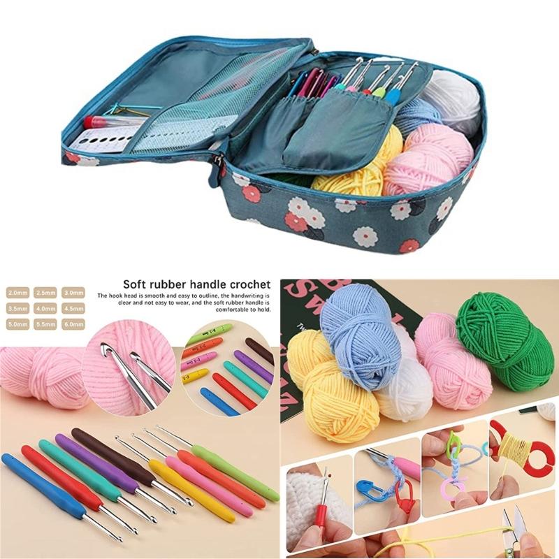 107 Pieces Portable Crochet Starter Kits Beginners Crochet Kits Crochet Yarn and Crochet Hook Set for Making Bag, Gloves