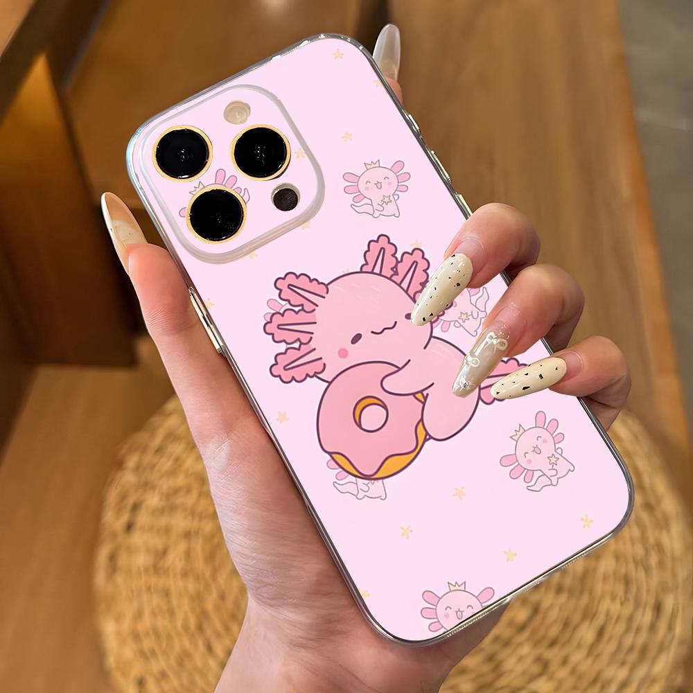 

Adorable Pink Axolotl With Phone Case For IPhone 16 Pro Max 15 14 13 11 12 Mini Xs X Xr 7 8 Plus Se Transparent Cover iPhone 15 Plus
