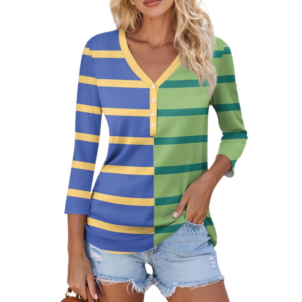 Damen Casual Mode Sexy Bequem V-Ausschnitt Knopf Streifen Patchwork Farbe Dreiviertelarm Oberteil