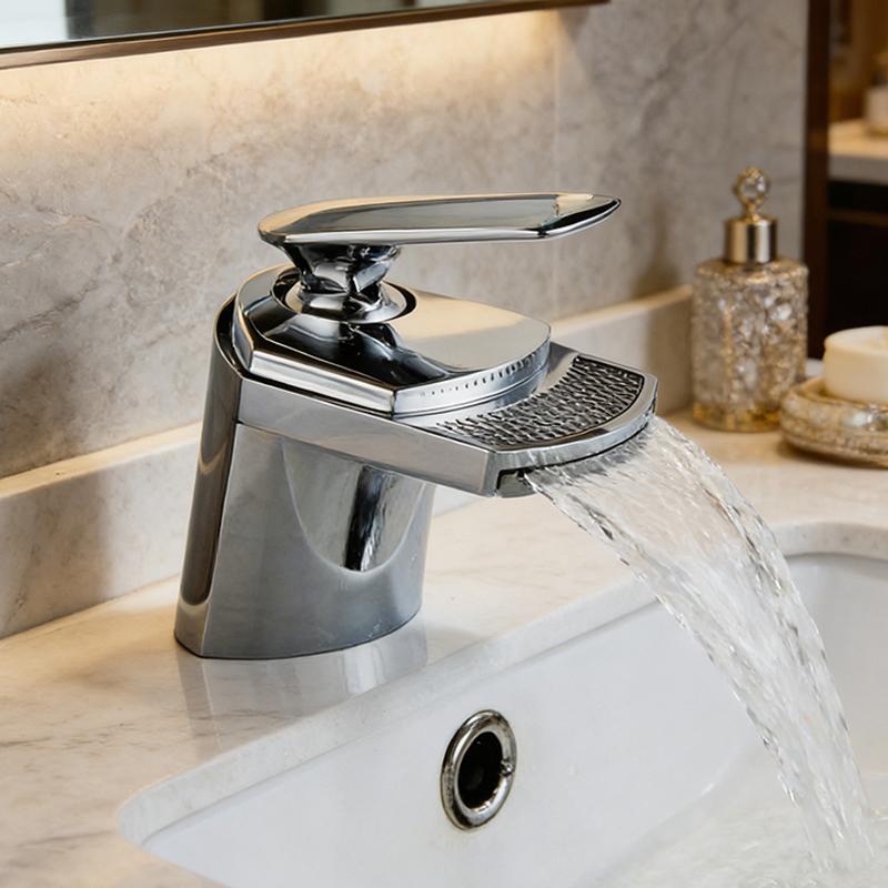 Brass Waterfall Bathroom Faucet, Single Hole Deck-Mounted Sink Faucet, Mixer Tap for Wash Basin, Hot/Cold Water, Modern Design