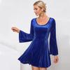 New Autumn Winter Velvet Dress, Women's U-Neck Flare Sleeve Party Dress with Waist Tie & Flared Skirt, Sexy Elegant Short Velvet Gown