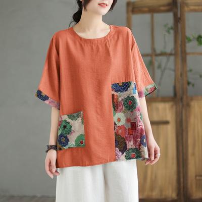 Cotton and Linen Large Size Short-sleeved T-shirt Summer Retro Loose All-match Casual Color Matching Printed Top