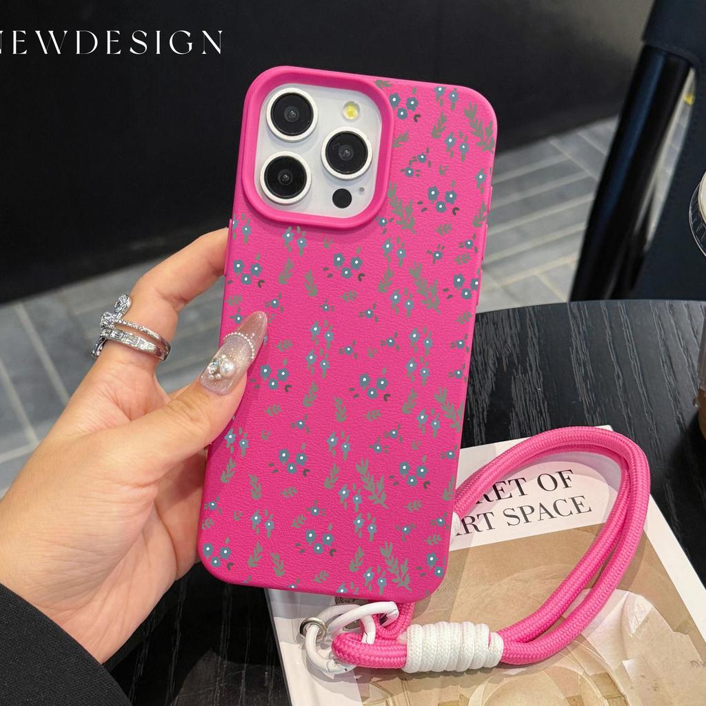 INS Small Blue Cute Flower Phone Chain Lanyard Case For iPhone 17 16 15 14 13 12 Pro Max 11 Plus Shockproof Lichee Pattern Cover