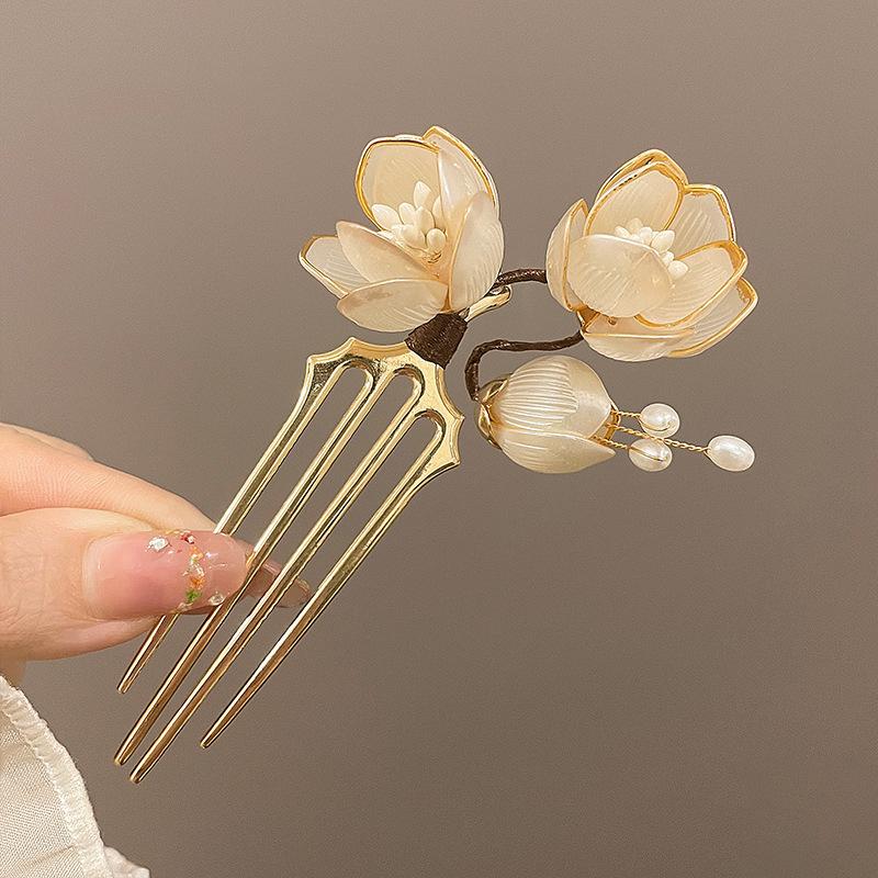 1Pcs Party U-Shaped Hair Pin Hair Accessories Elegant Retro Magnolia Flower Alloy Hair Clip Perfect For Curling Or Straight Hair