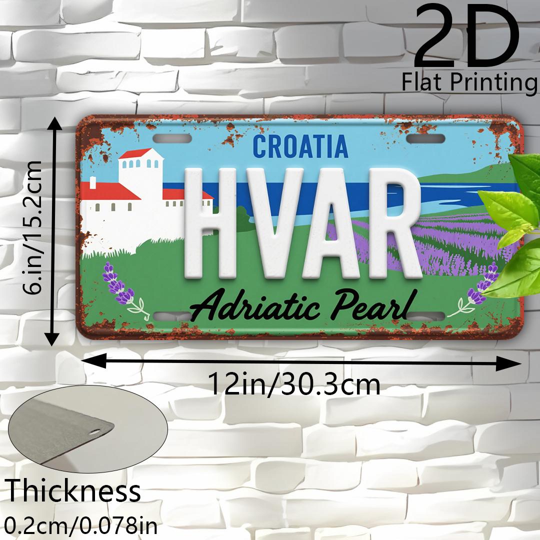 D Flat Printing Vintage HVAR CROATIA Adriatic Pearl with Lavender Fields  Coastal Villa Illustration Aluminum Tin Painting 15x30cm(5.9x7.8inch)