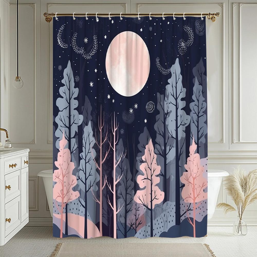 1 pièce Rideau de douche Forêt au clair de lune avec motif paysage d'arbres, Ajoute une ambiance mystérieuse à votre salle de bain, 70. 8X70. 8 pouces