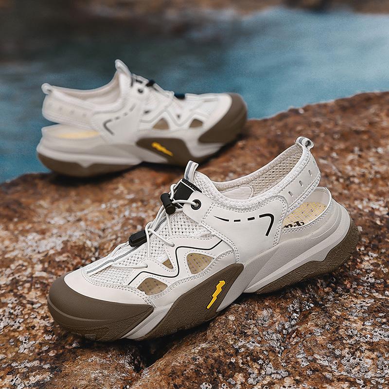 Fashion Hollow Out Men's Leather Sandals Adjustable Straps Mesh Shoes Non-Slip Sole Beach Shoes Comfortable Summer Shoes Outdoor Sandaly