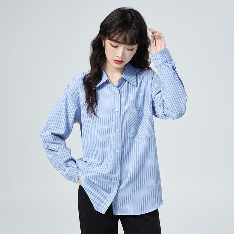 Women s Blue Striped Shirt - Spring 2026 OL Niche Design, Perfect for Layering and Casual Commuting Medium синий